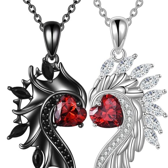 Angel and Devil Heart Couples Necklace Sterling Silver for Him and Her